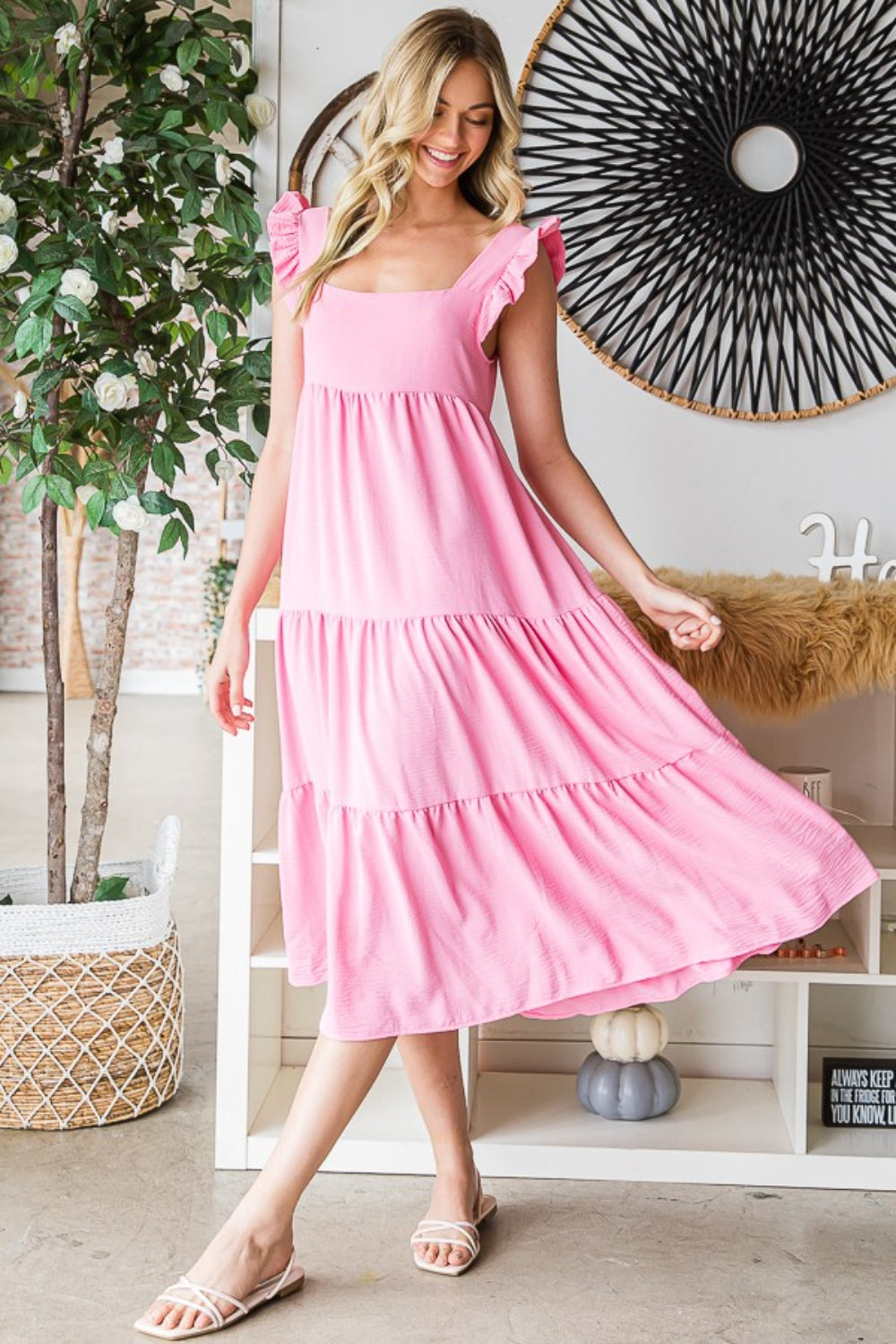 Reborn J Ruffled Sleeveless Tiered Midi Dress - felvior