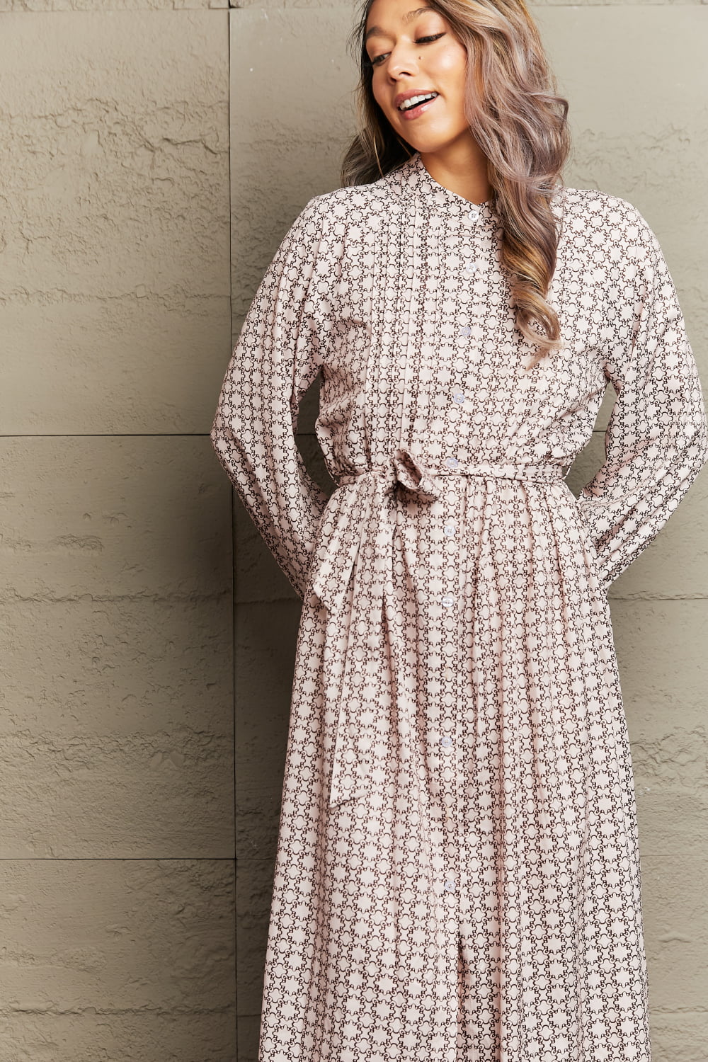 Perfee Printed Tie Waist Long Sleeve Dress - felvior