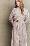 Perfee Printed Tie Waist Long Sleeve Dress - felvior