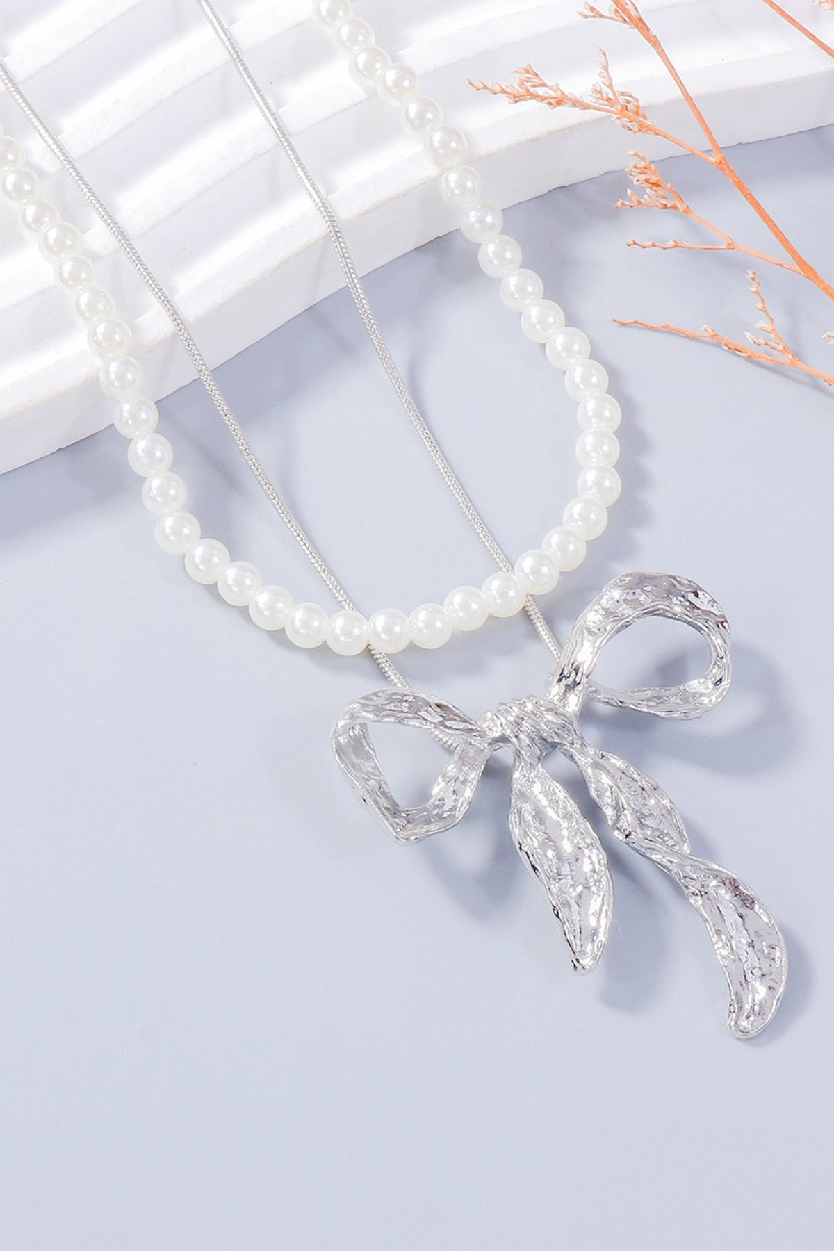 Synthetic Pearl Necklace, Bow Necklace and Bow Earrings Jewelry Set - felvior