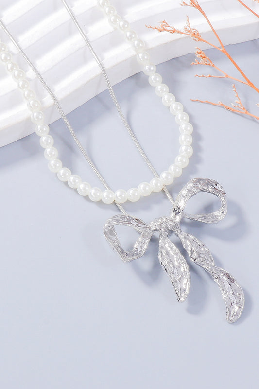 Synthetic Pearl Necklace, Bow Necklace and Bow Earrings Jewelry Set - felvior