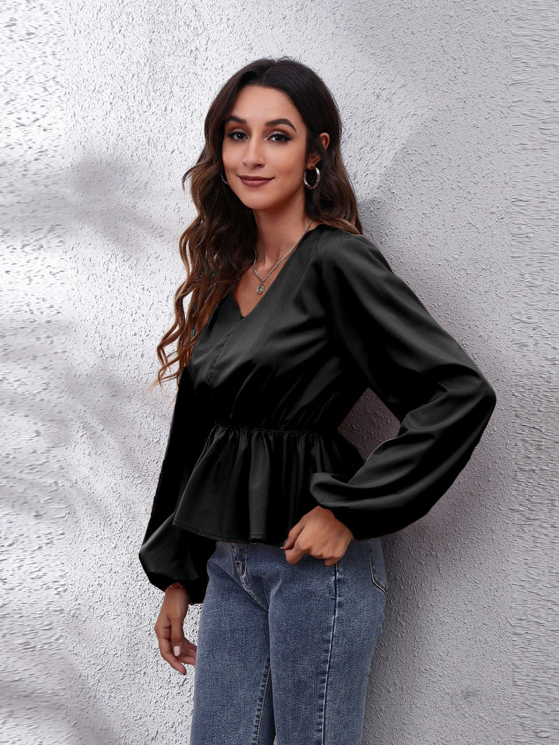 V-Neck Balloon Sleeve Peplum Blouse - felvior