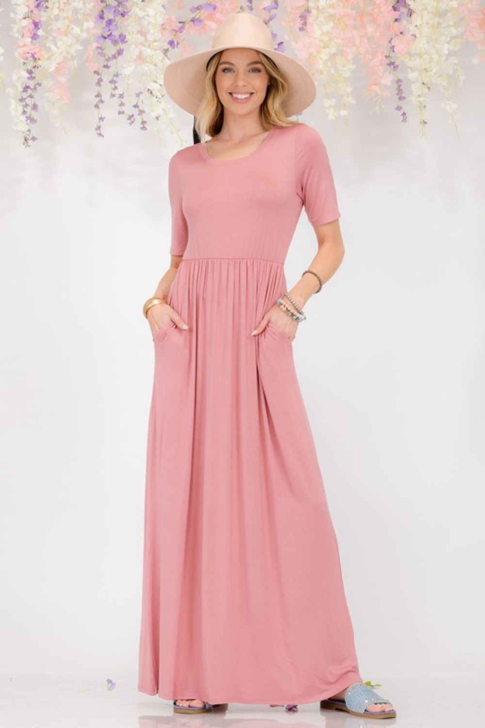 Celeste Full Size Round Neck Short Sleeve Maxi Dress with Pockets Plus Size - felvior