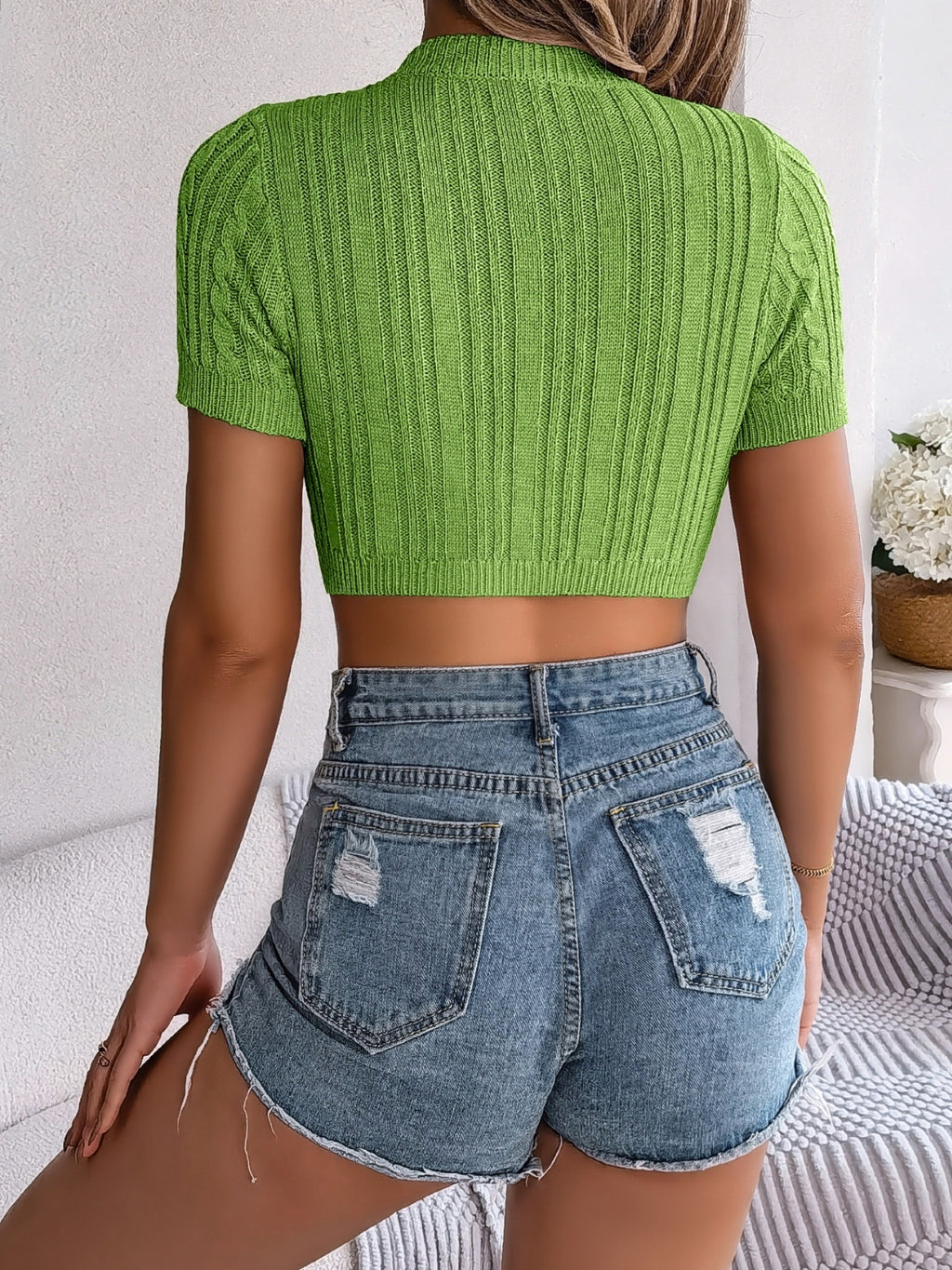 Cable Knit Openwork Round Neck Knit Top