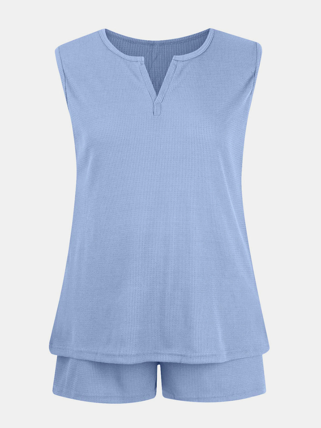 Full Size Waffle-Knit Notched Top and Shorts Set - felvior