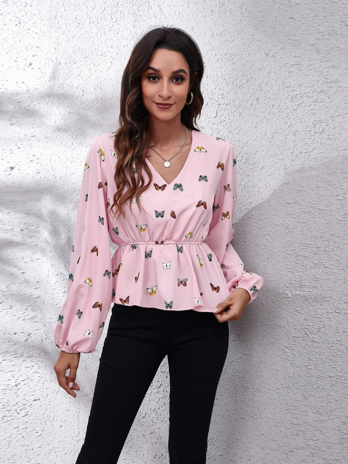 Butterfly V-Neck Balloon Sleeve Peplum Blouse - felvior