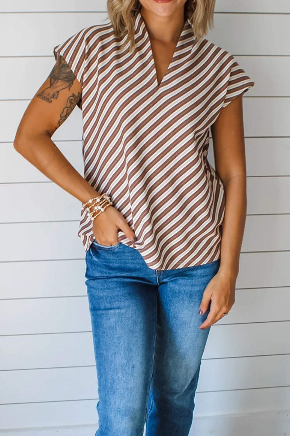 Striped V Neck Cap Sleeve Blouse - felvior