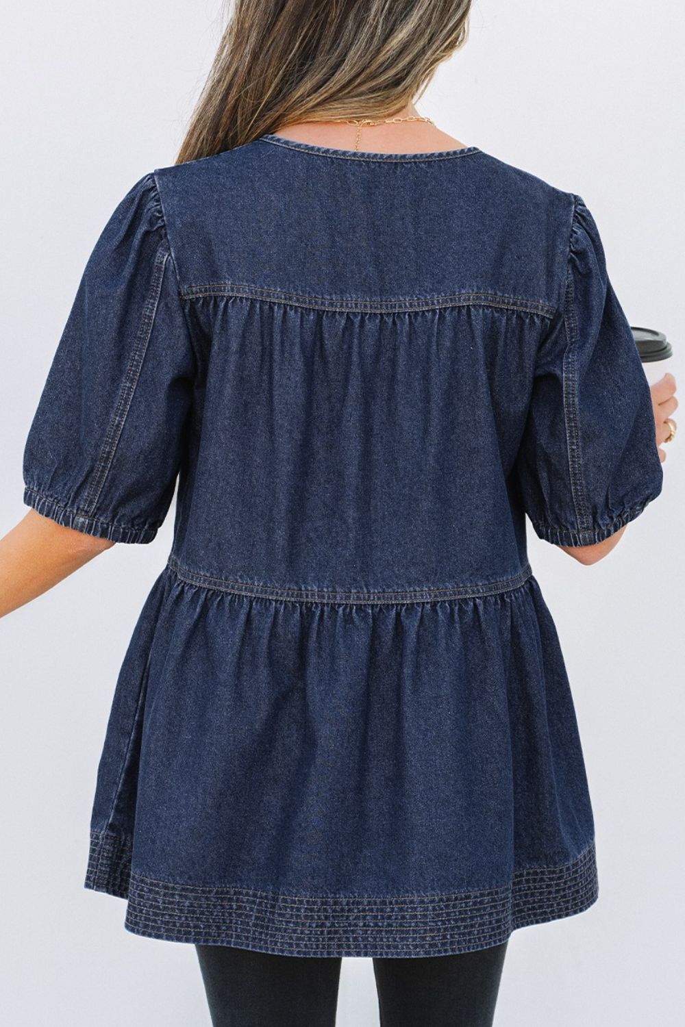 Tie Neck Babydoll Denim Top - felvior