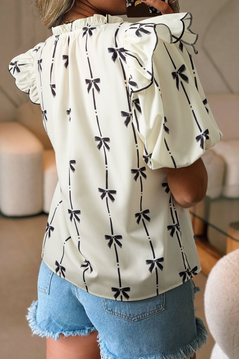 Bow Print Tie Neck Short Sleeve Blouse - felvior