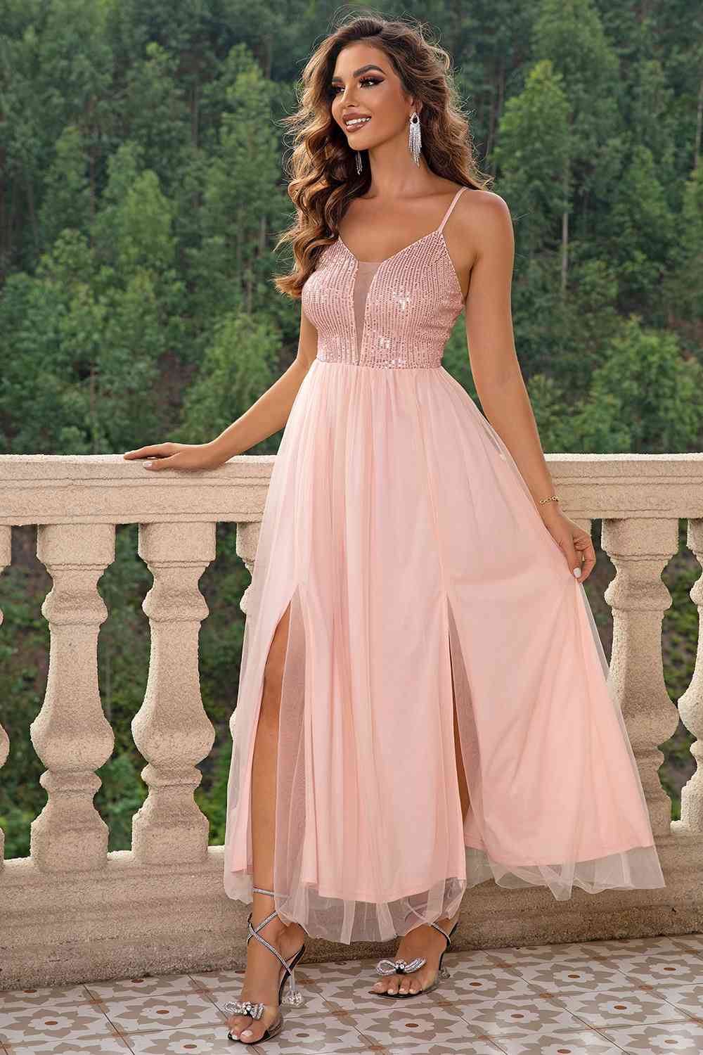 Spaghetti Strap Slit Mesh Dress - felvior