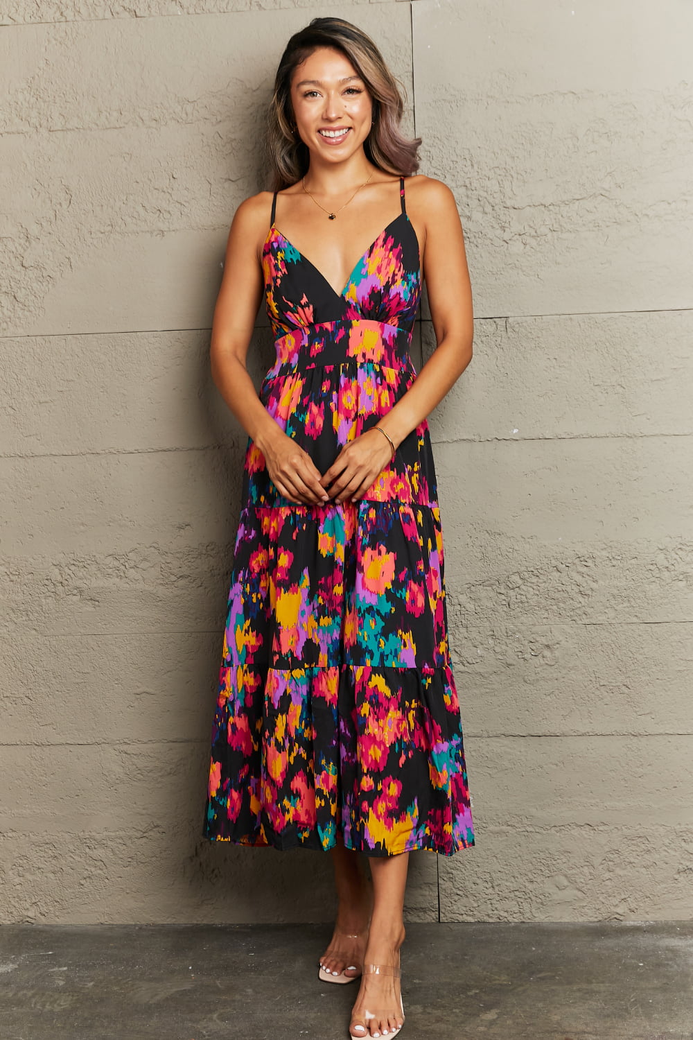 Perfee Cutout Spaghetti Strap Tiered Dress - felvior