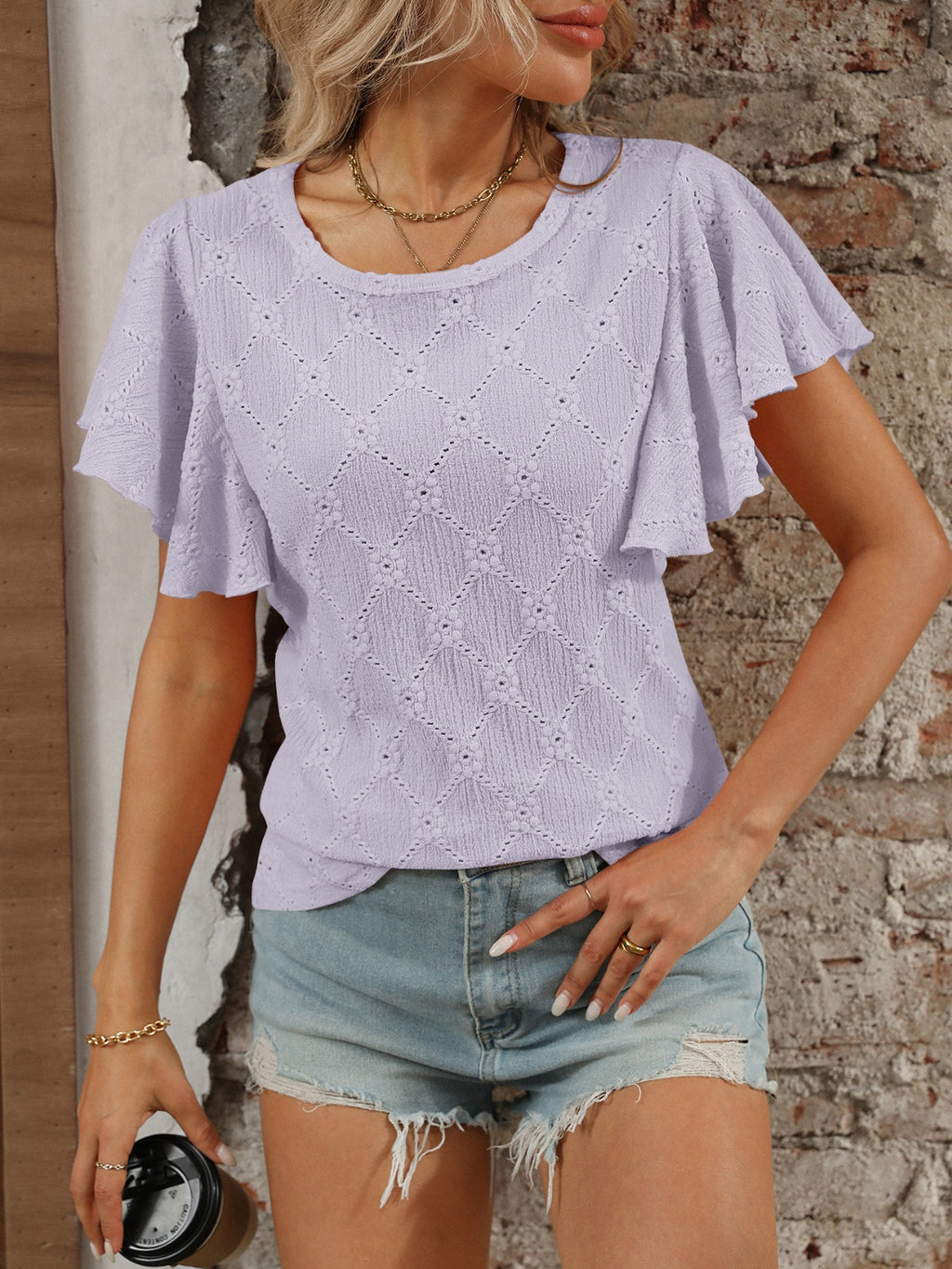 Eyelet Round Neck Flutter Sleeve Top