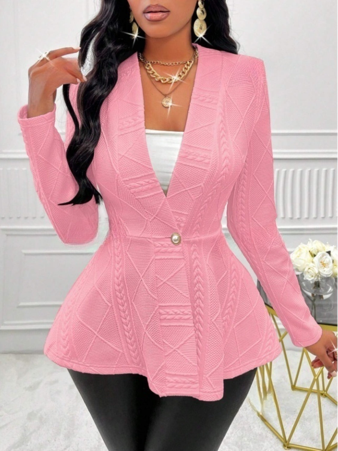 One Button Textured Peplum Cardigan - felvior