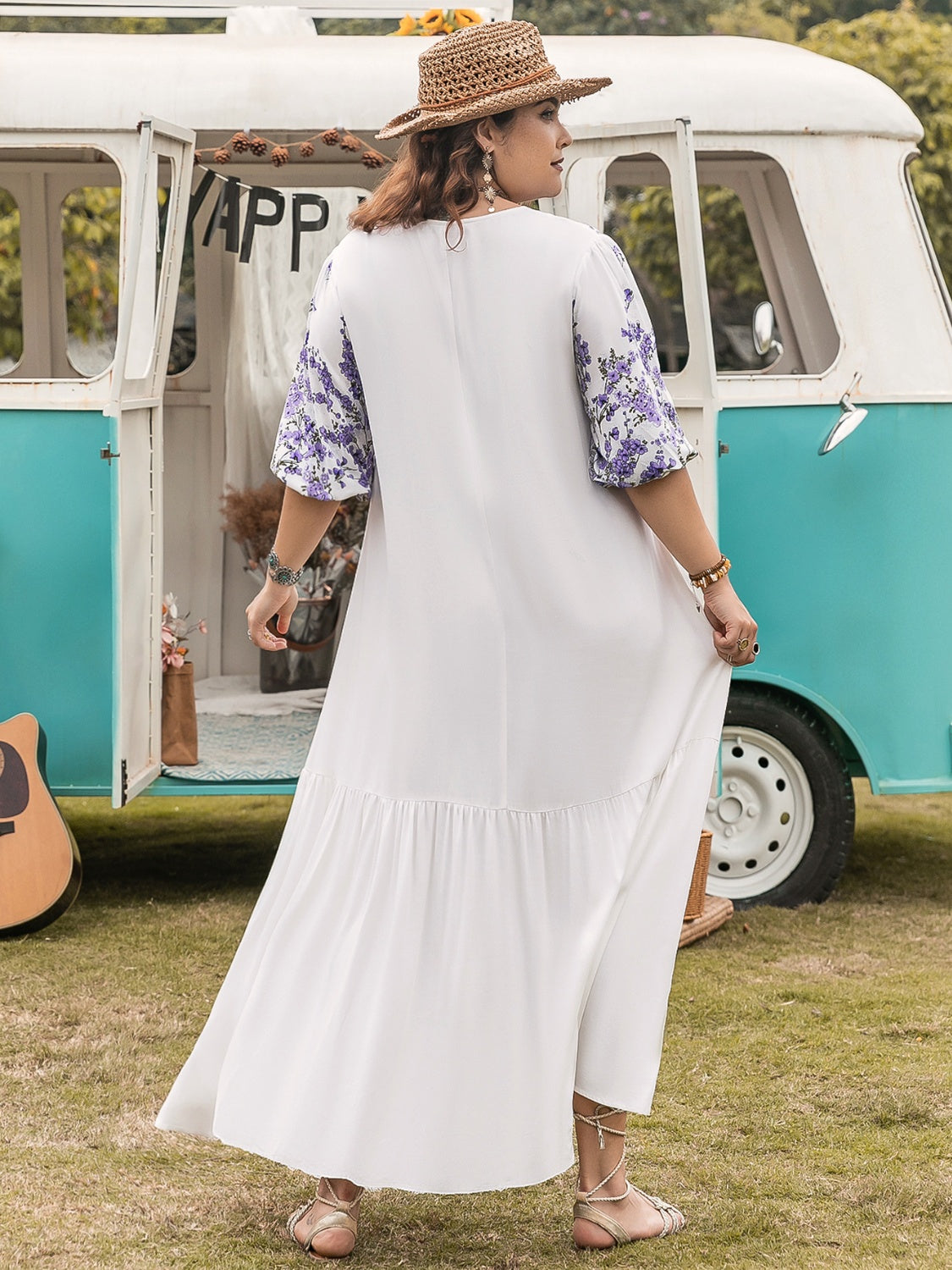 Plus Size Printed Tie Neck Half Sleeve Maxi Dress - felvior