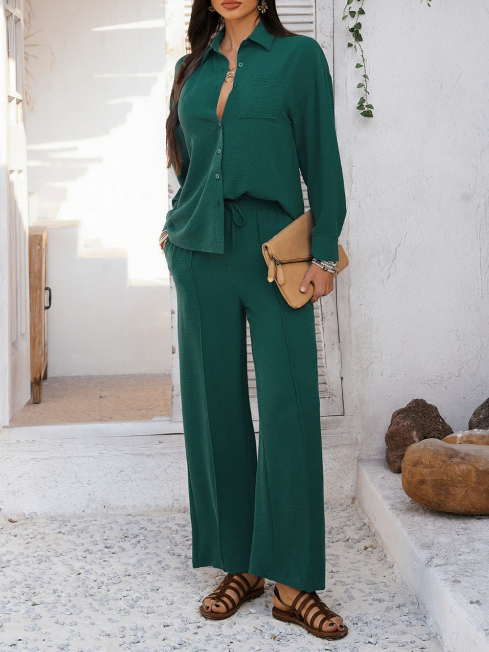 Devine Collared Neck Long Sleeve Top and Pants Set