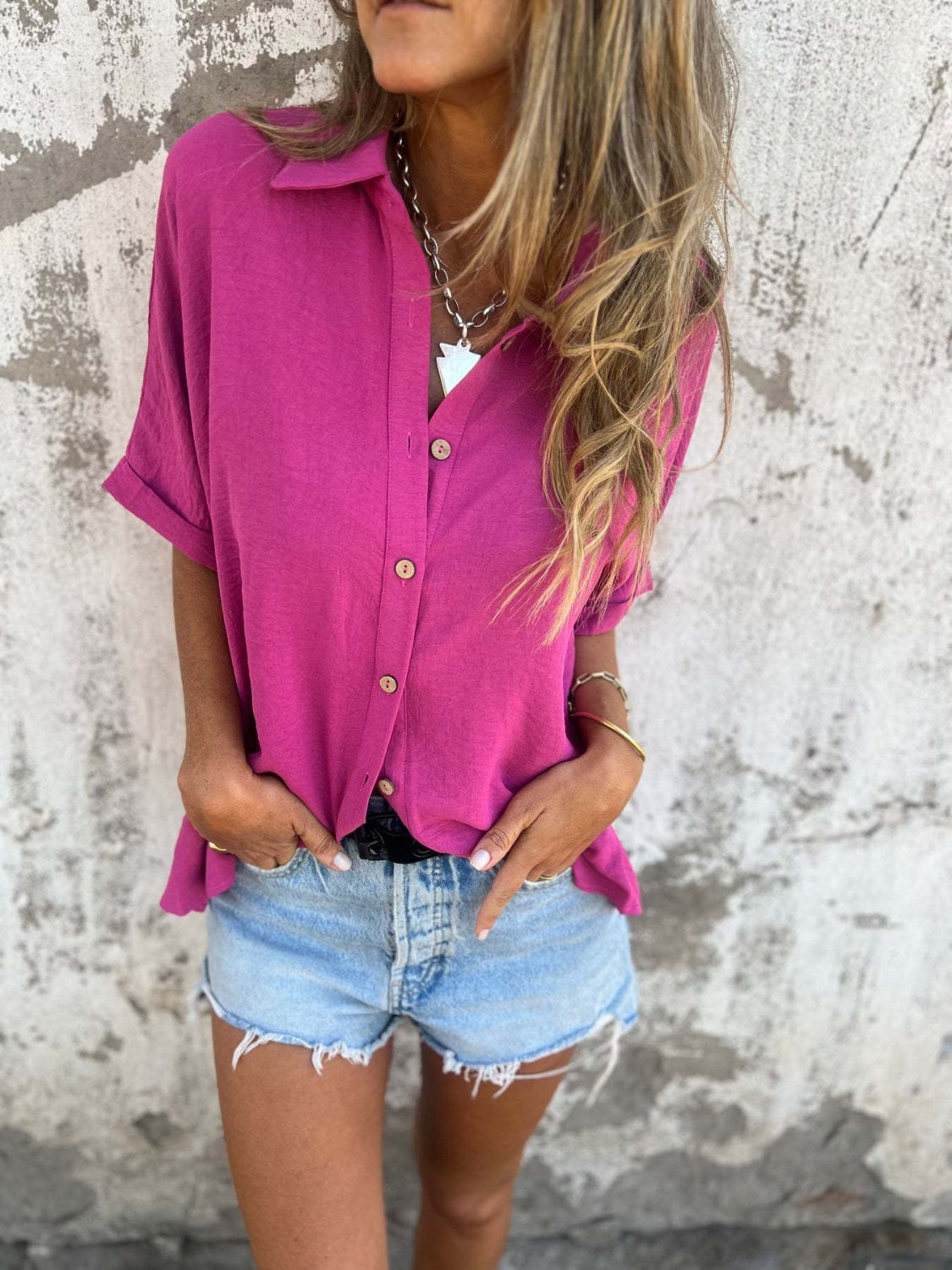 Full Size Collared Neck Half Sleeve Shirt Plus Size - felvior