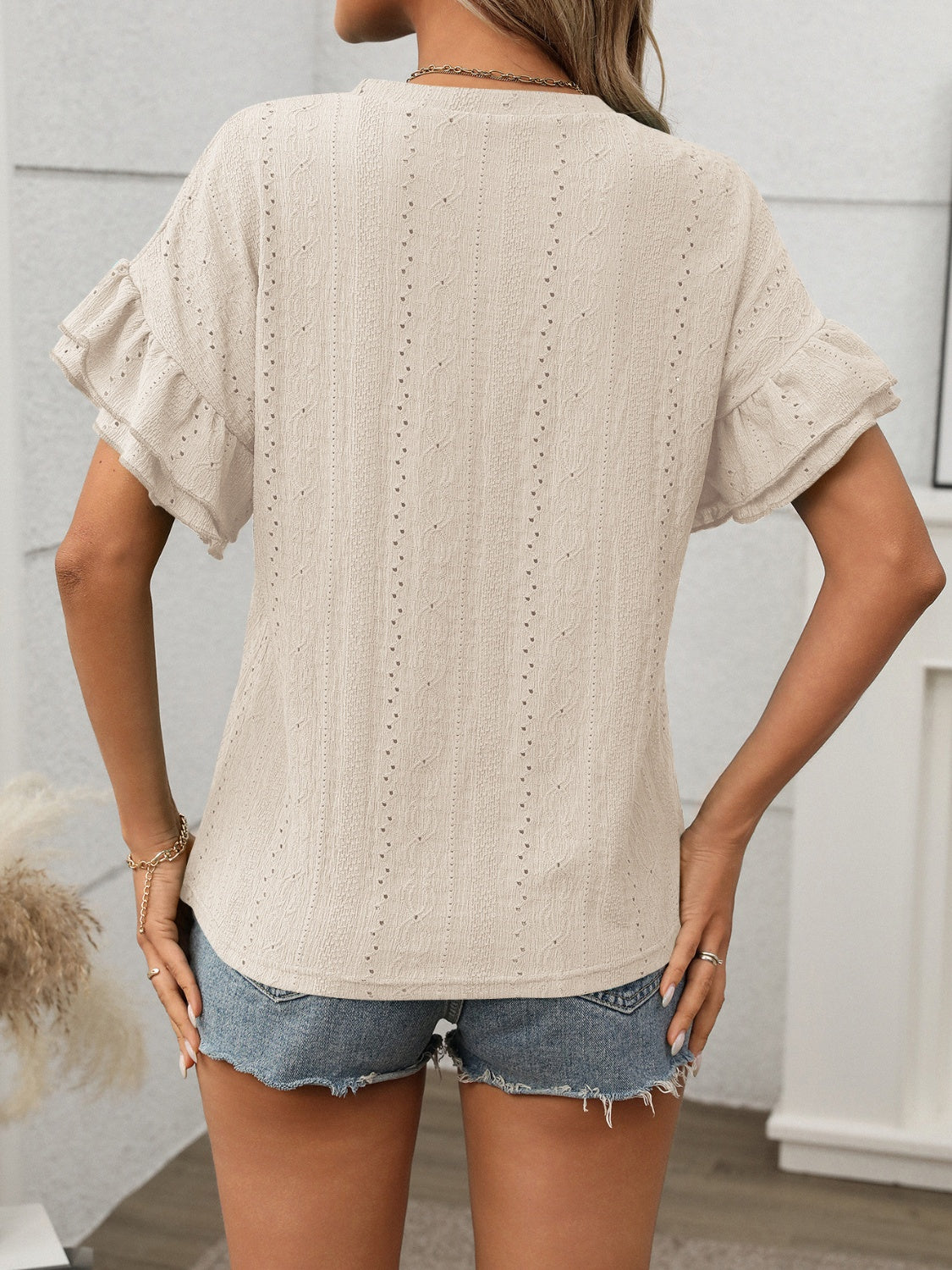 Eyelet Round Neck Flounce Sleeve Top
