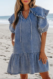 Ruffled Side Pockets Puff Sleeve Denim Mini Dress - felvior