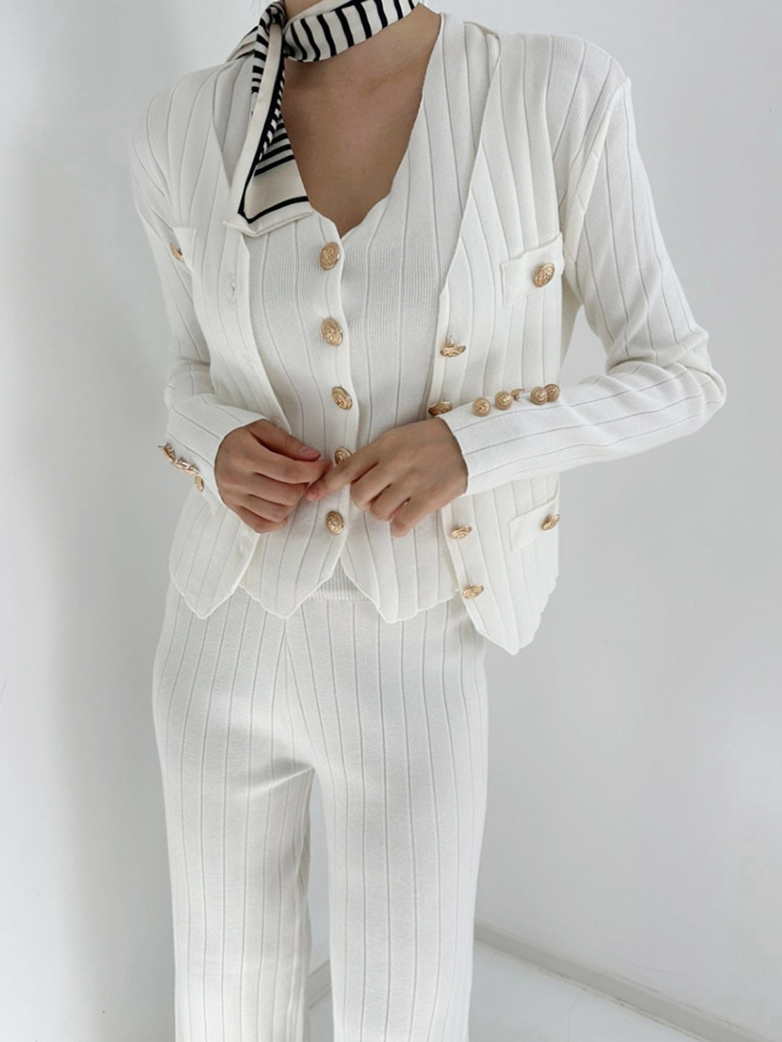 V-Neck Tank, Cardigan and Pants Three-Piece Sweater Set - felvior