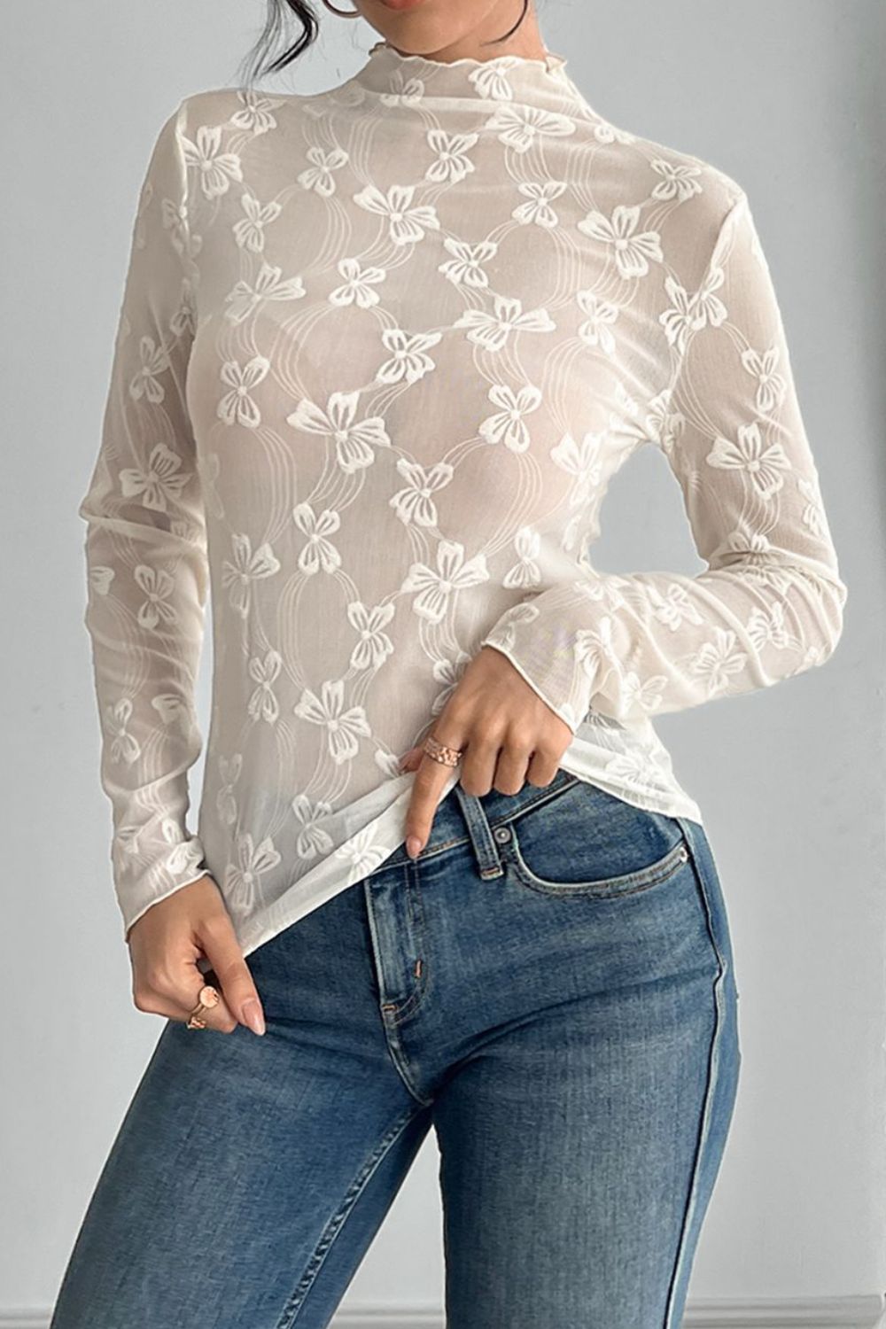 Bow Print Mock Neck Long Sleeve T-Shirt Image principale du produit