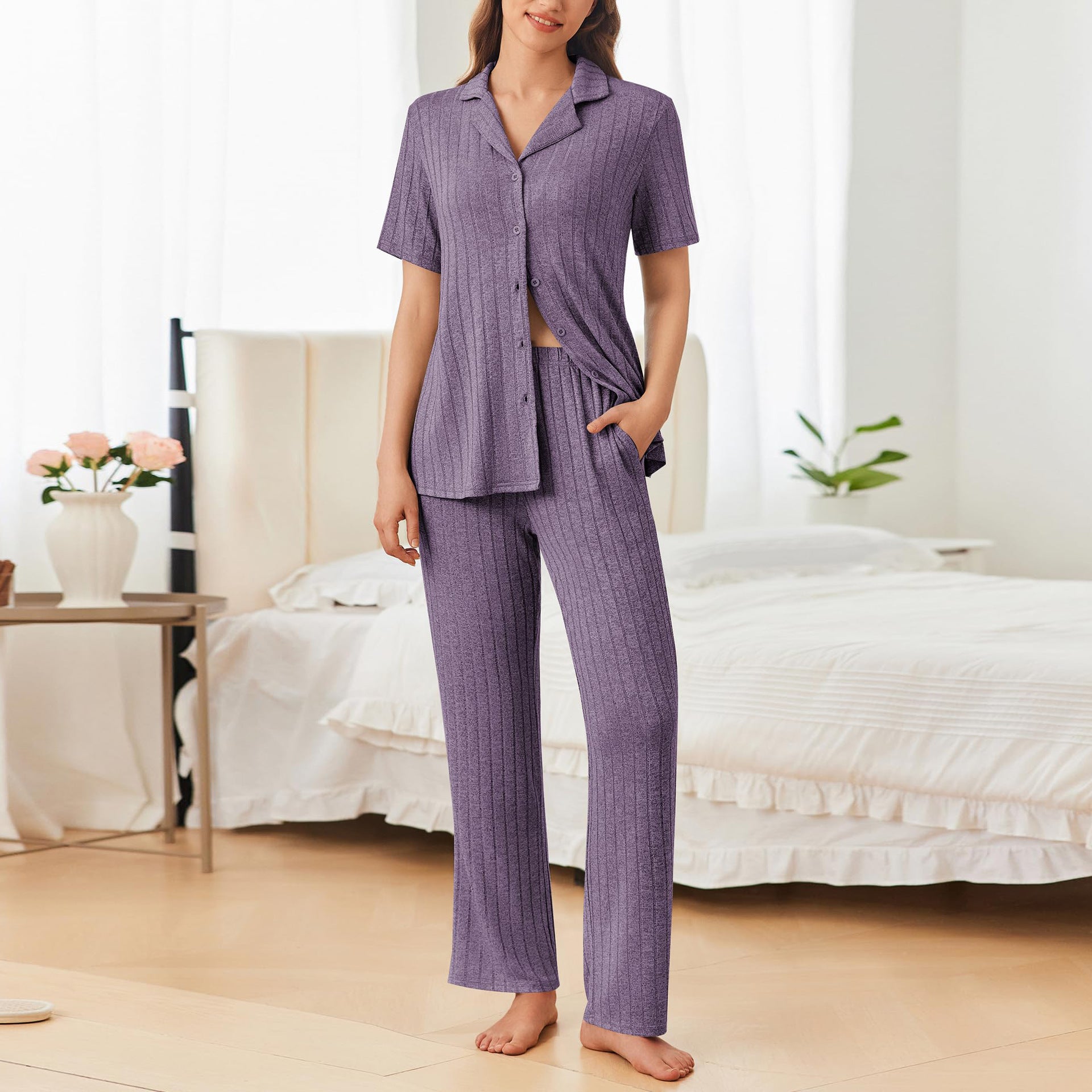 Button Down Long Sleeve Top and Pants Lounge Set Image principale du produit