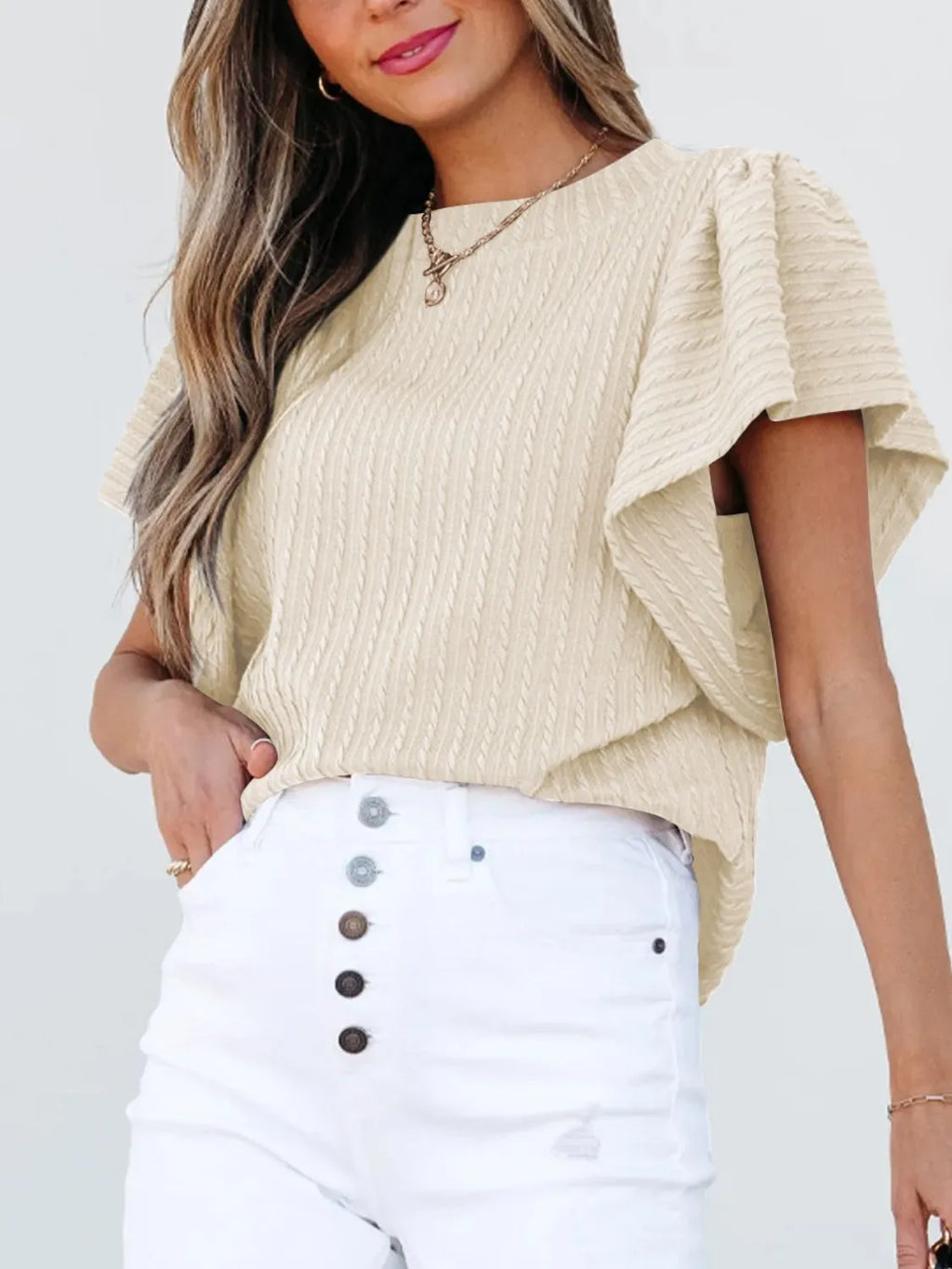 Round Neck Ruffle Sleeve Top
