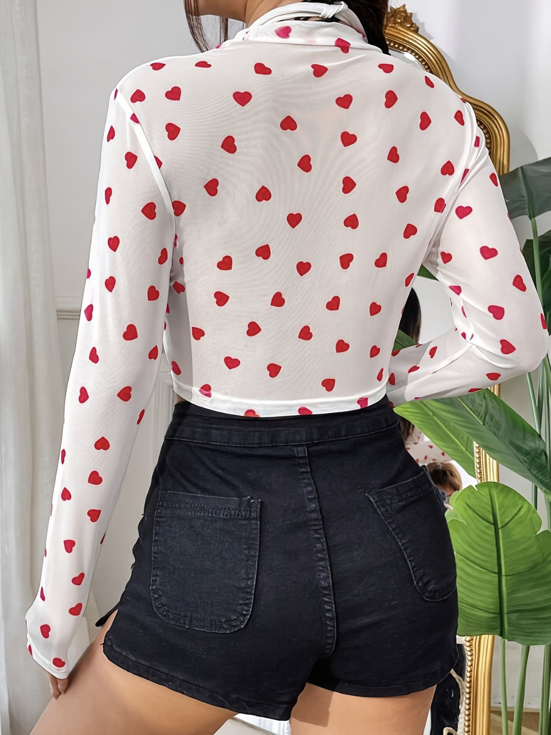 Heart Round Neck Long Sleeve Sheer Top - felvior