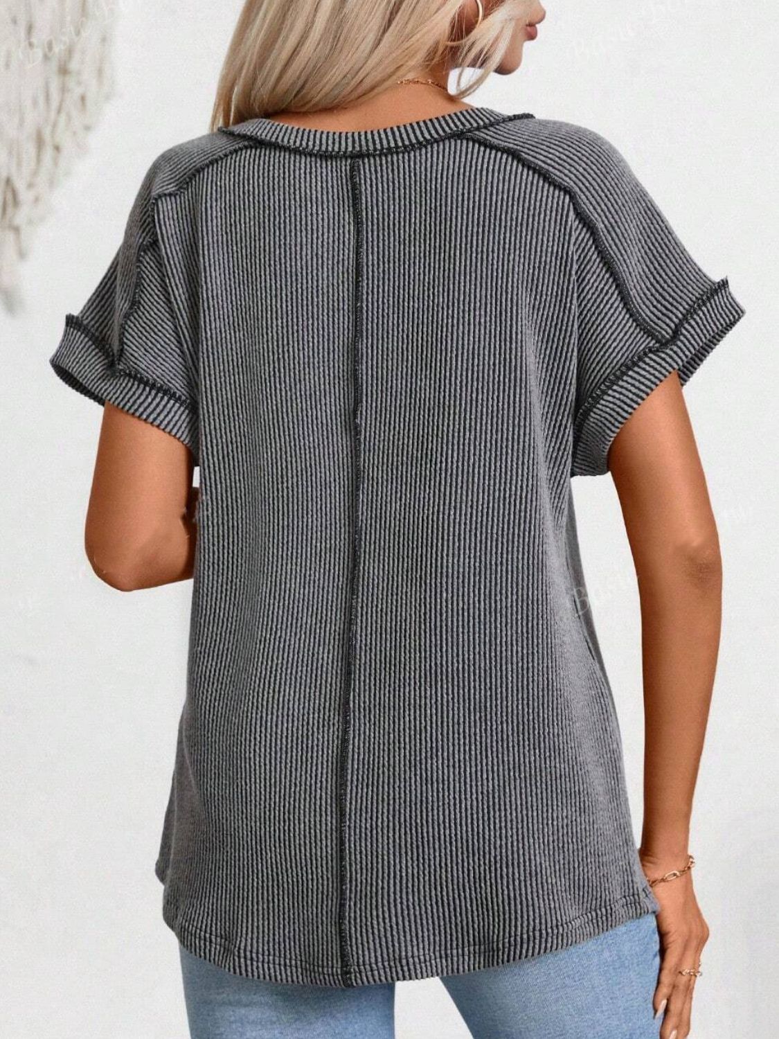 Exposed Seam V-Neck Short Sleeve Top - felvior