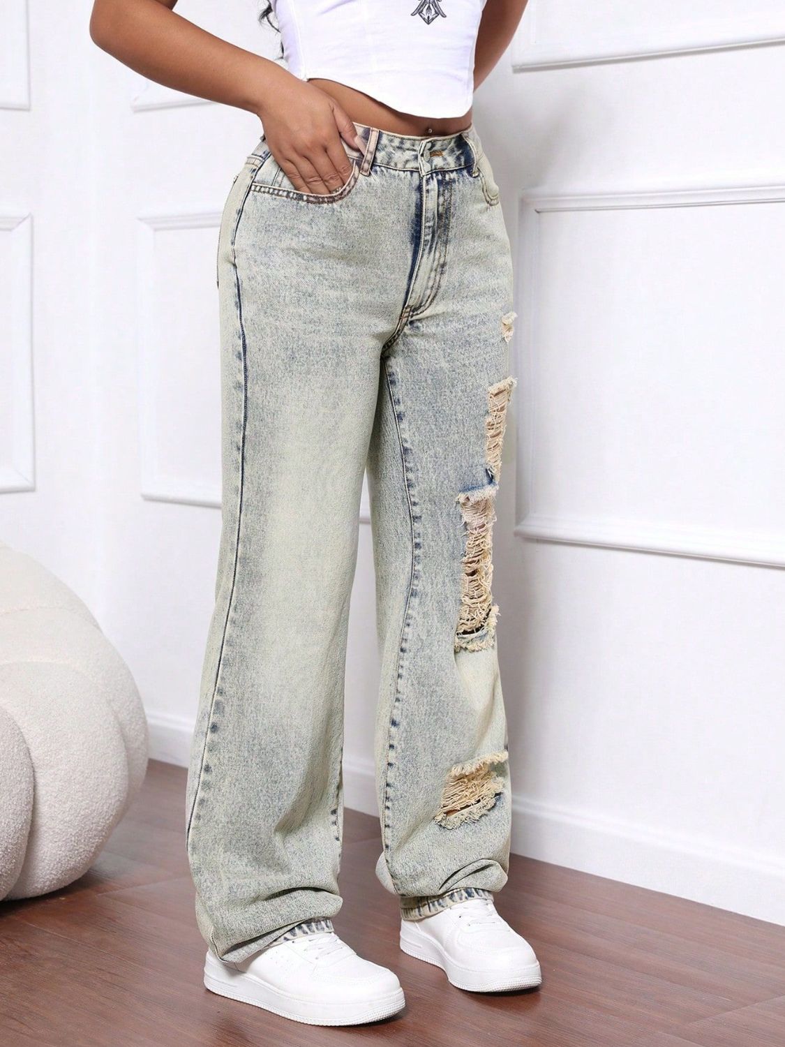 Distressed High Waist Jeans - felvior