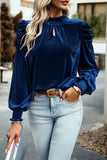 Tie Up Mock Neck Velvet Fabric Long Sleeve Blouse - felvior