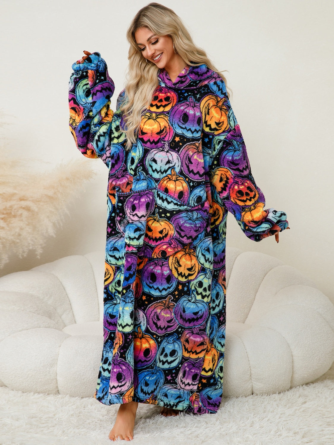 Fuzzy Pocketed Long Sleeve Hooded Lounge Dress - felvior