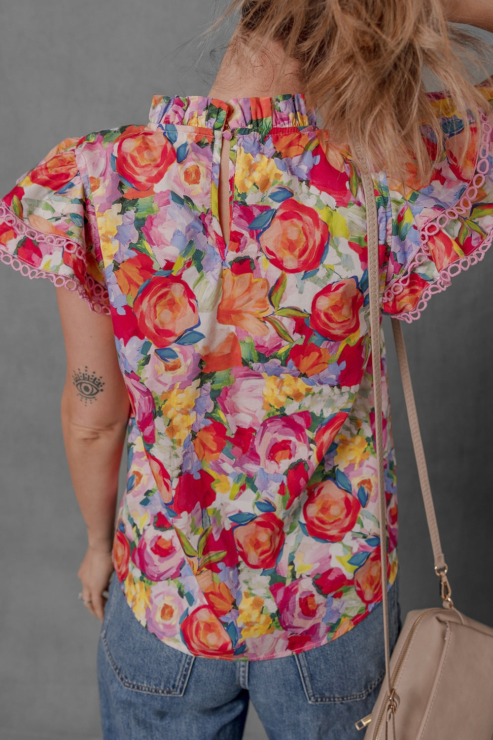 Lace Trim Ruffle Cap Sleeve Floral Blouse