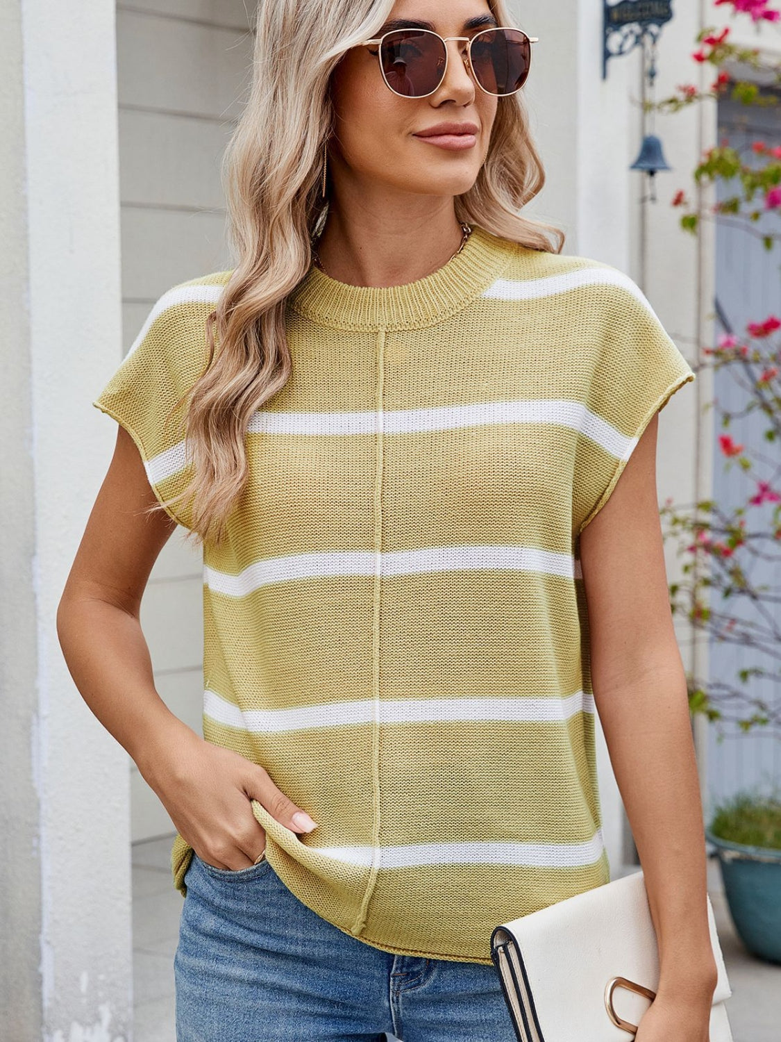Exposed Seam Striped Round Neck Knit Top - felvior