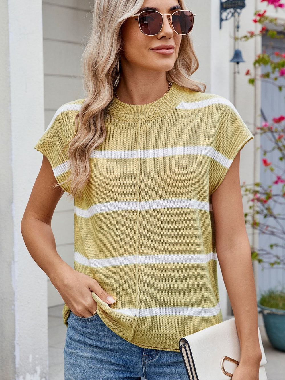 Exposed Seam Striped Round Neck Knit Top - felvior