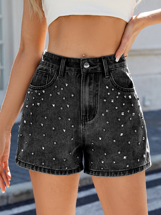Rhinestone Washed High Waist Denim Shorts - felvior