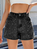 Rhinestone Washed High Waist Denim Shorts - felvior