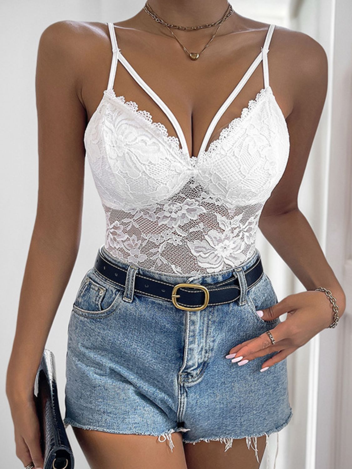 Perfee Spaghetti Strap Lace Bodysuit - felvior