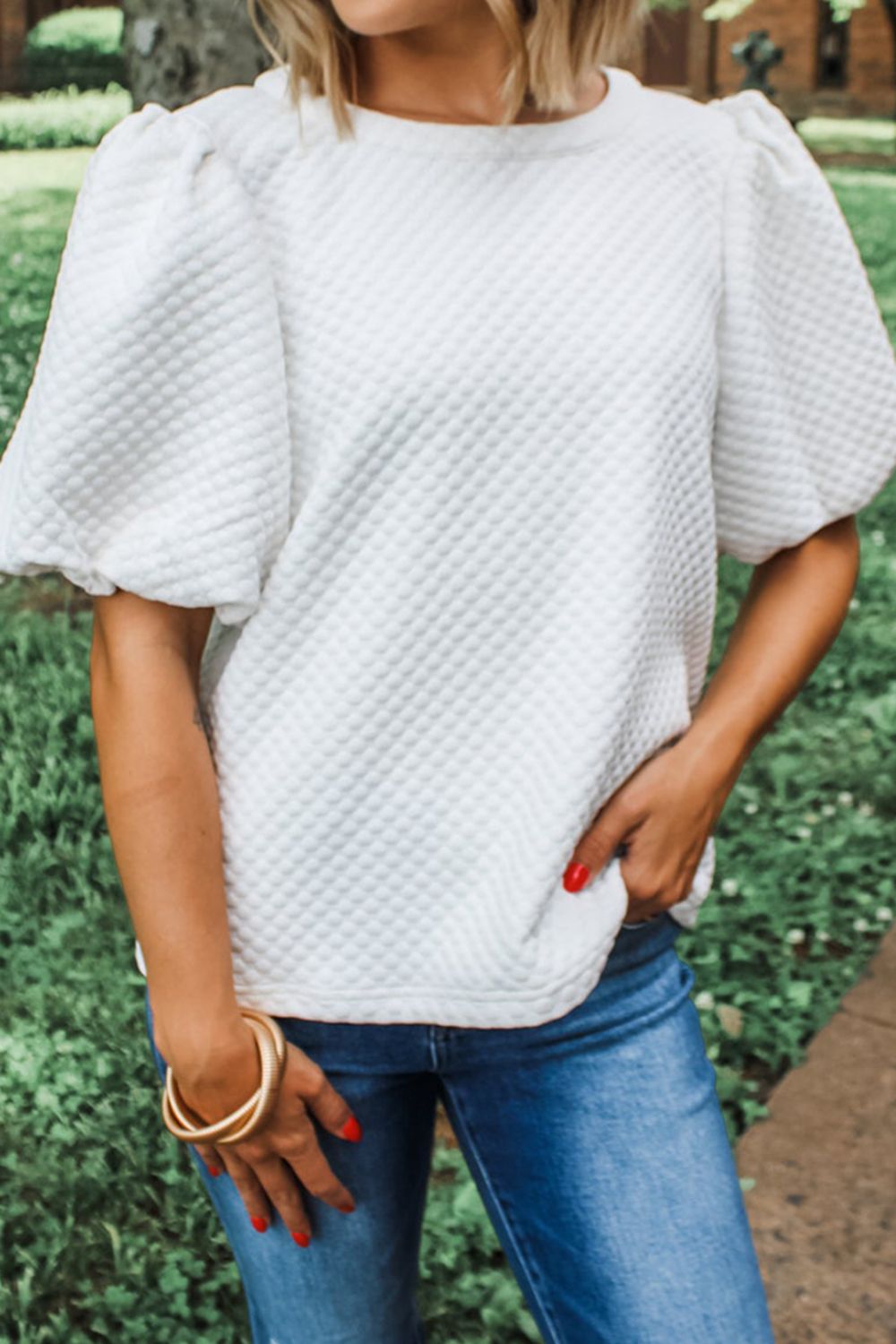 Textured Round Neck Puff Sleeve Blouse Image principale du produit