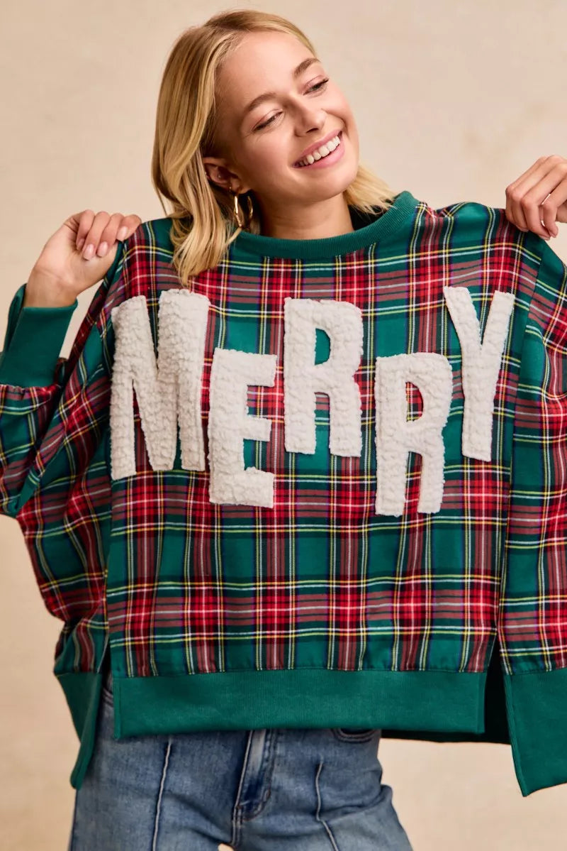 BiBi Merry Letter Patches Christmas Plaid Sweatshirt Image secondaire du produit