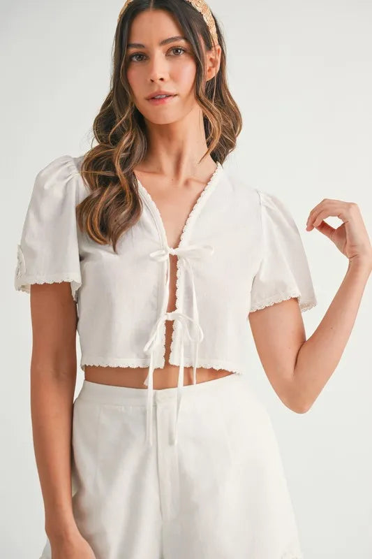 MABLE Crochet Lace Detail Crop Top and Shorts Set - felvior