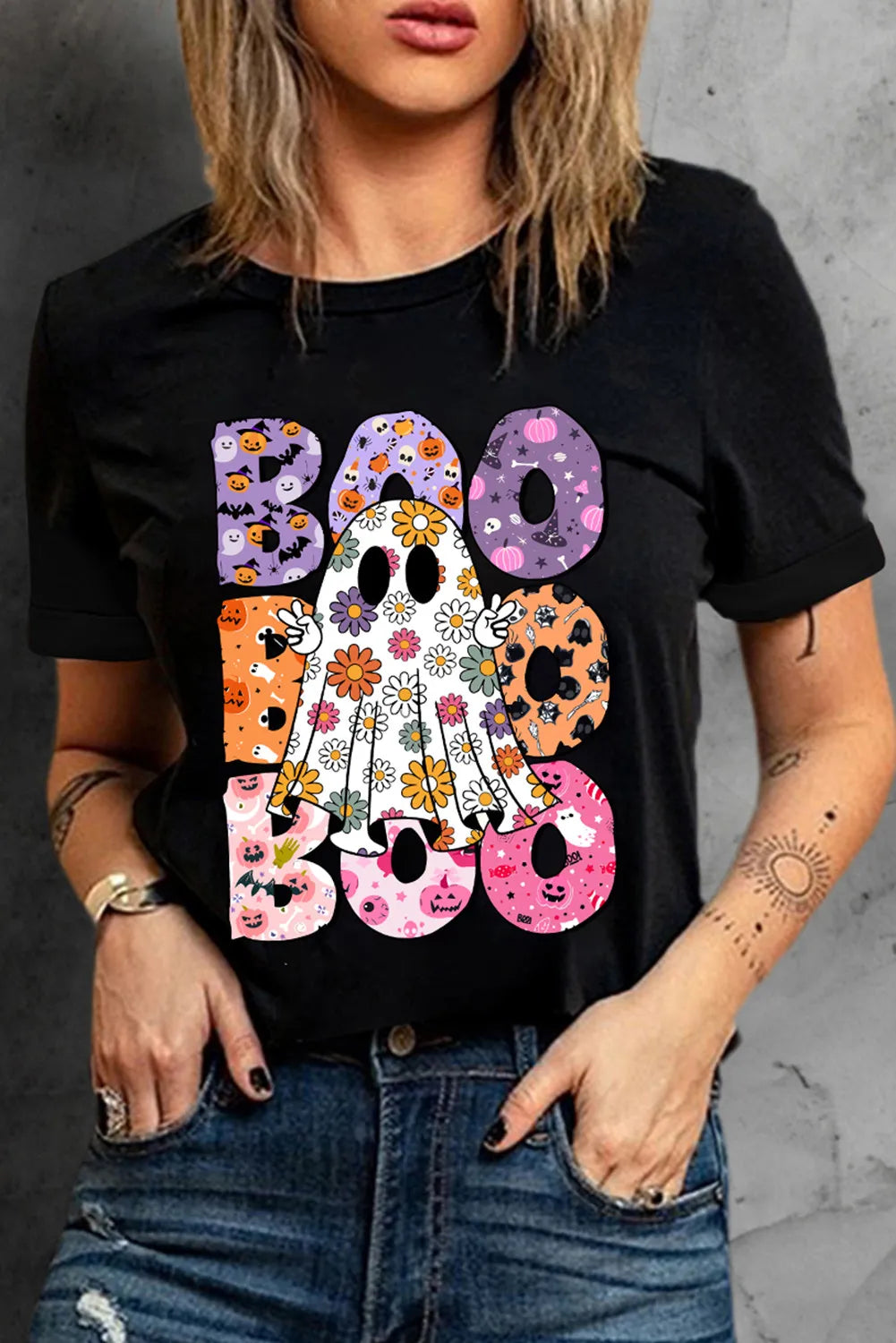 BOO Ghost Graphic Round Neck Short Sleeve T-Shirt - felvior