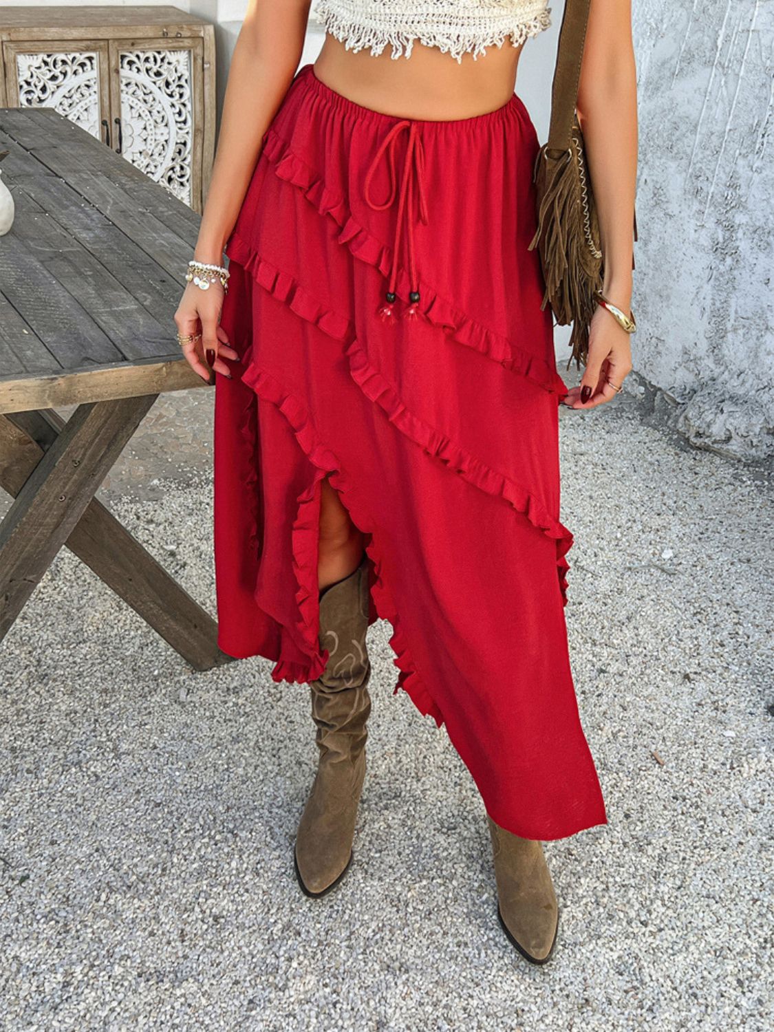 Devine Slit Drawstring Ruffled Skirt - felvior