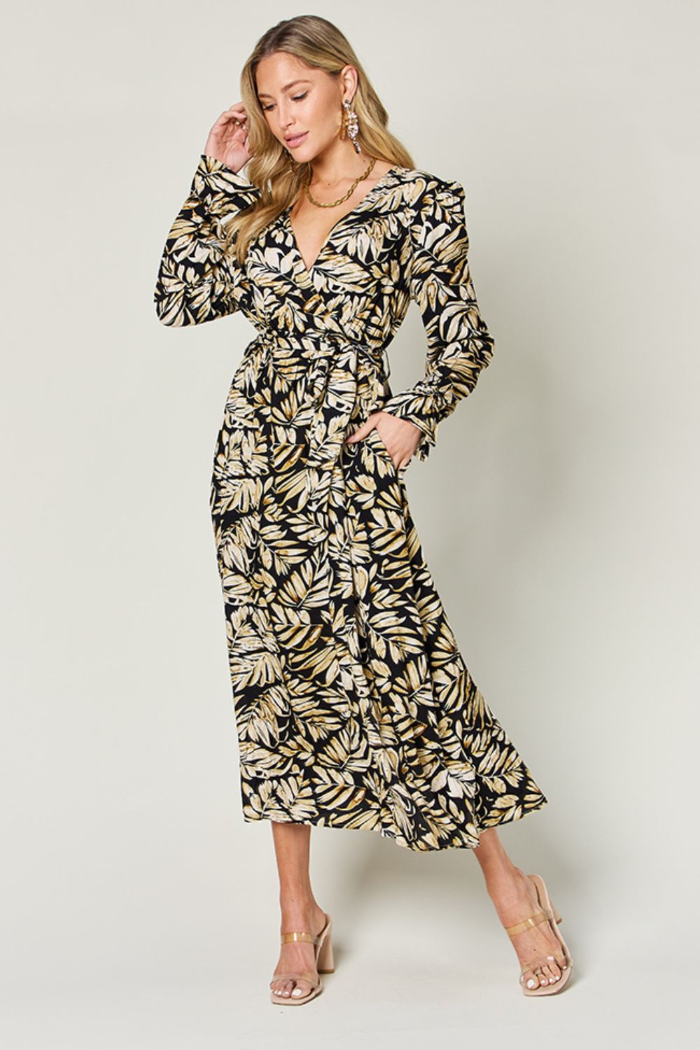 Double Take Full Size Tie Back Flounce Sleeve Dress - felvior