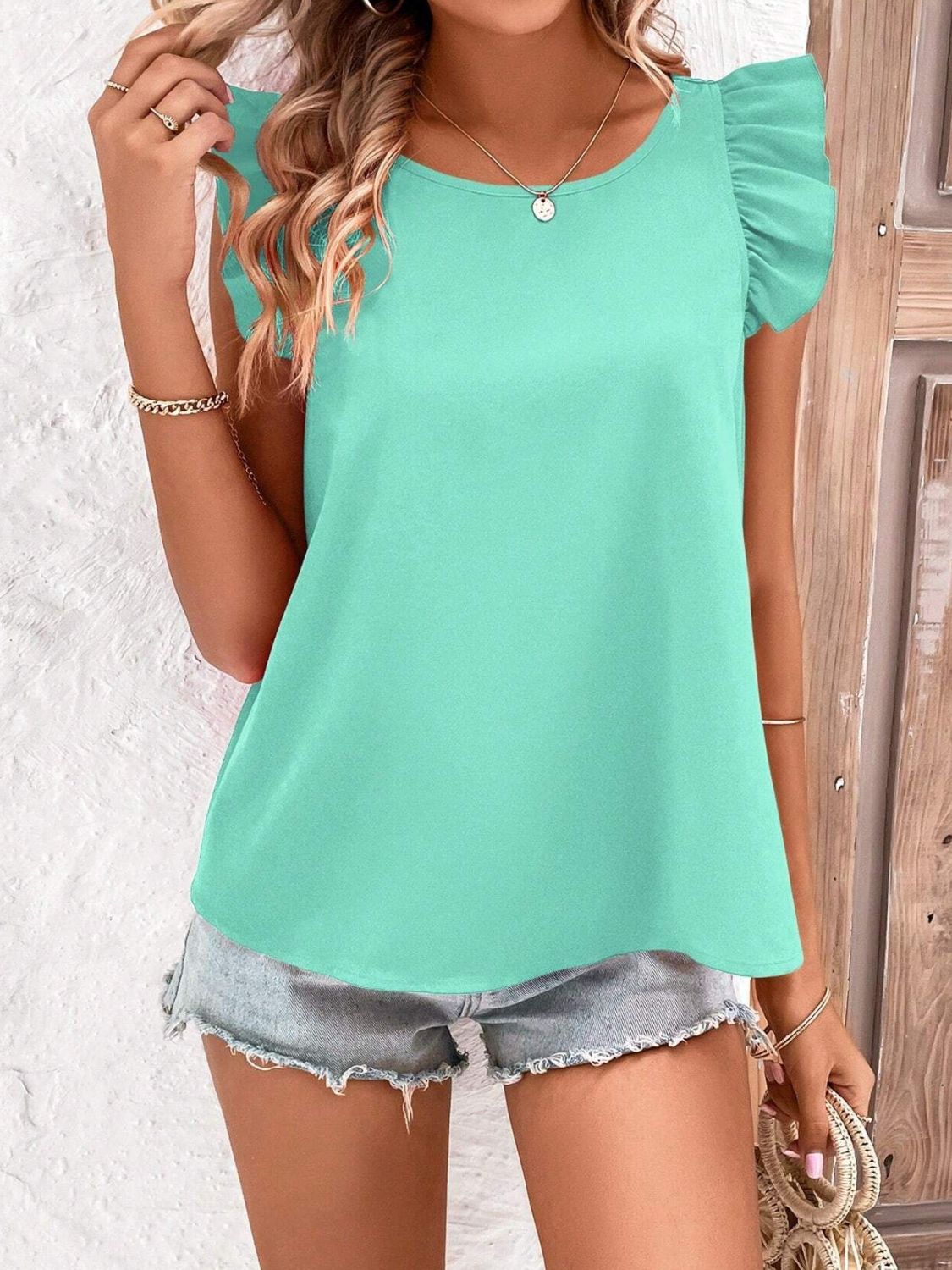 Crisscross Back Ruffled Round Neck Cap Sleeve Blouse - felvior