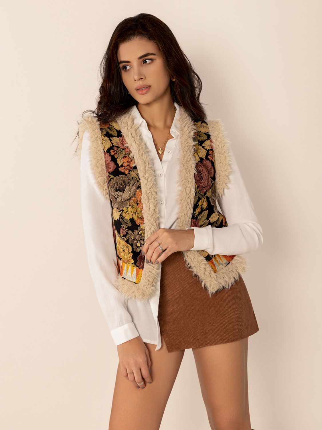 Embroidered Fuzzy Trim Open Front Vest Coat - felvior