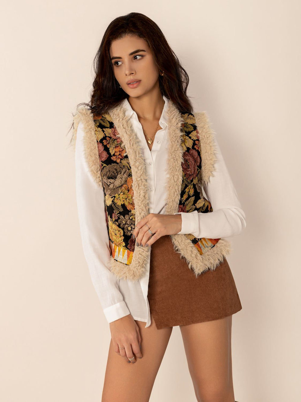 Embroidered Fuzzy Trim Open Front Vest Coat - felvior