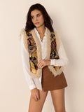 Embroidered Fuzzy Trim Open Front Vest Coat - felvior