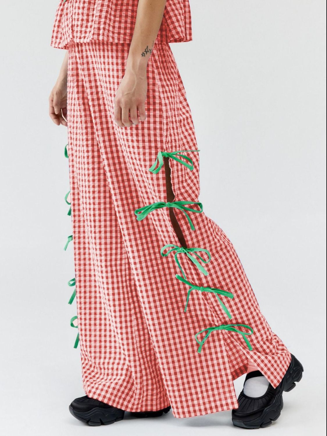 Side Tied Plaid Pants - felvior