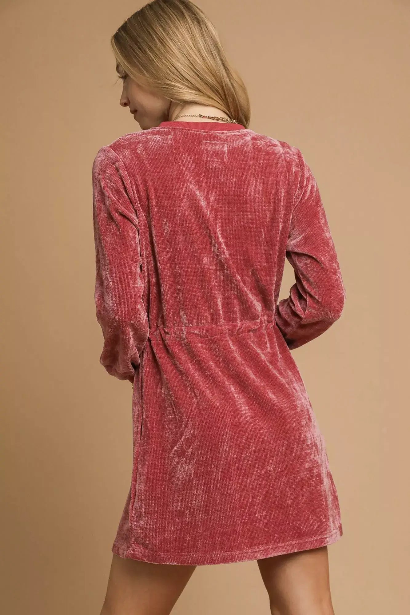 Umgee Velour Drawstring Mini Dress with Long Sleeves