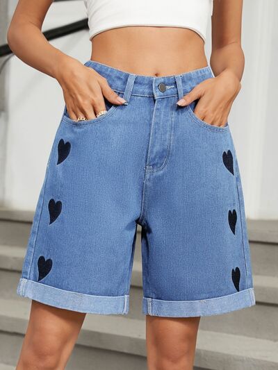 Heart-Pattern Rolled Hem Denim Shorts - felvior